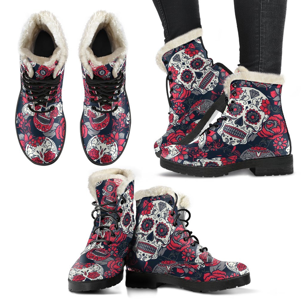 Groovy Sugar Skull Faux Fur Leather Boots for Trendy Hippies - 2