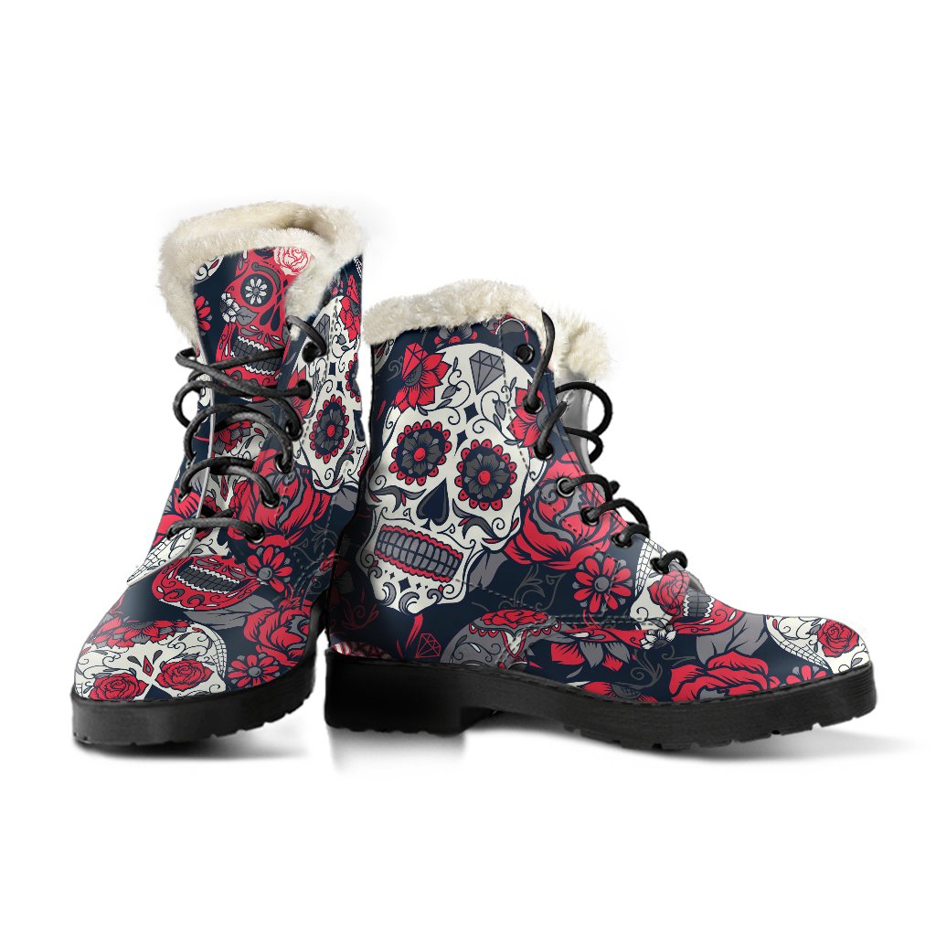 Groovy Sugar Skull Faux Fur Leather Boots for Trendy Hippies - 3