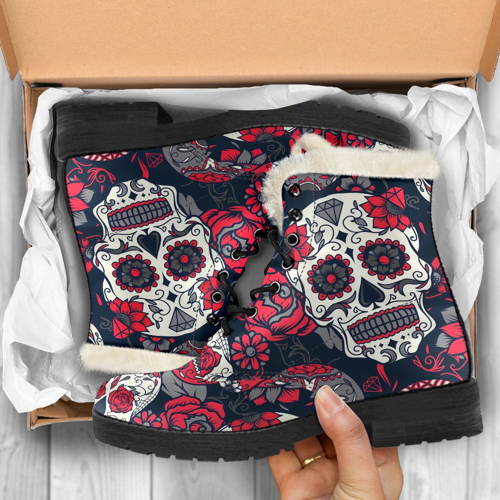 Groovy Sugar Skull Faux Fur Leather Boots for Trendy Hippies - 5