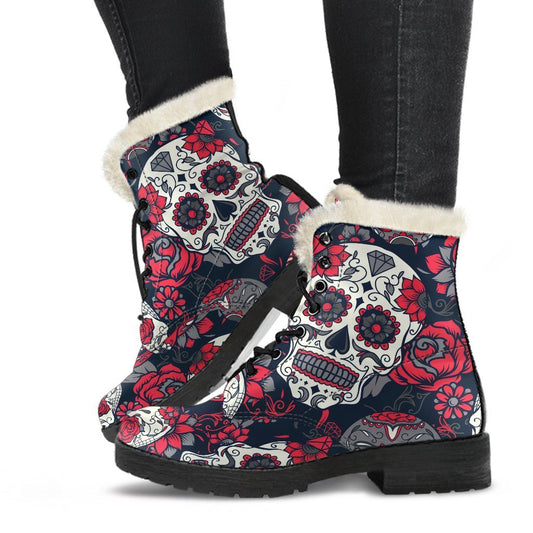 Groovy Sugar Skull Faux Fur Leather Boots for Trendy Hippies - 1