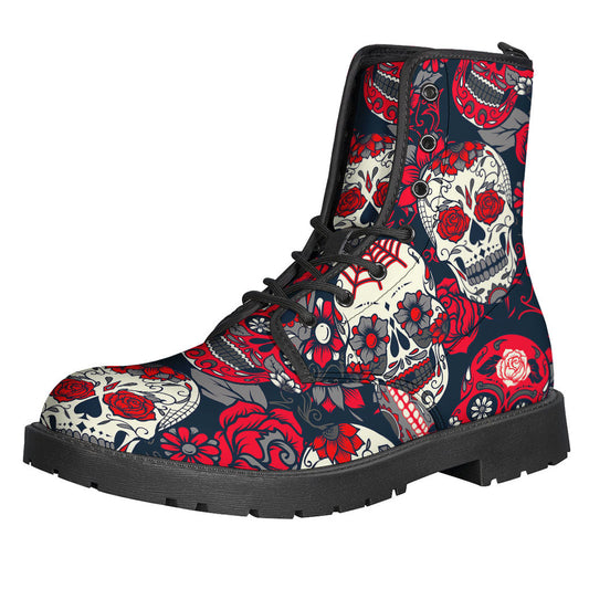 White and Red Sugar Skull Pattern Lightweight Leather Boots for Stylish Hippies - 1