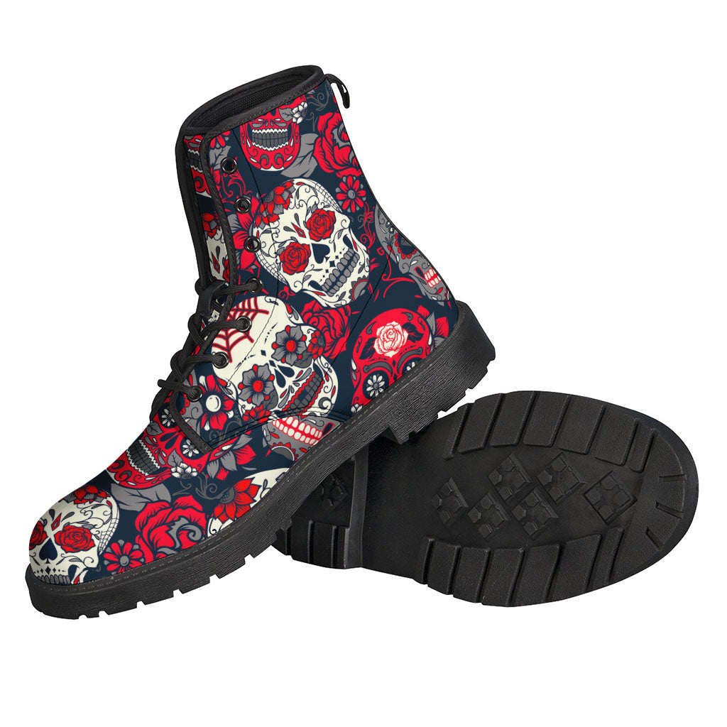 White and Red Sugar Skull Pattern Lightweight Leather Boots for Stylish Hippies - 2