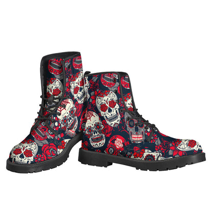 White and Red Sugar Skull Pattern Lightweight Leather Boots for Stylish Hippies - 3