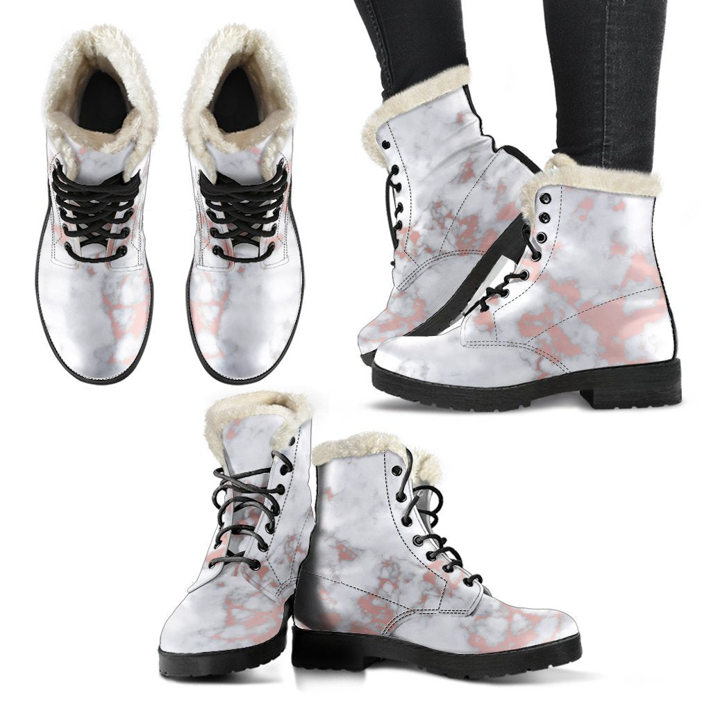 White Rose Gold Marble Print Faux Fur Leather Boots for the Modern Hippie - 2