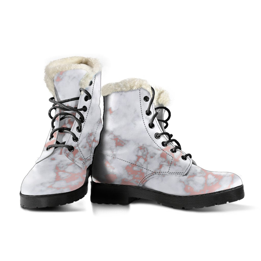 White Rose Gold Marble Print Faux Fur Leather Boots for the Modern Hippie - 3