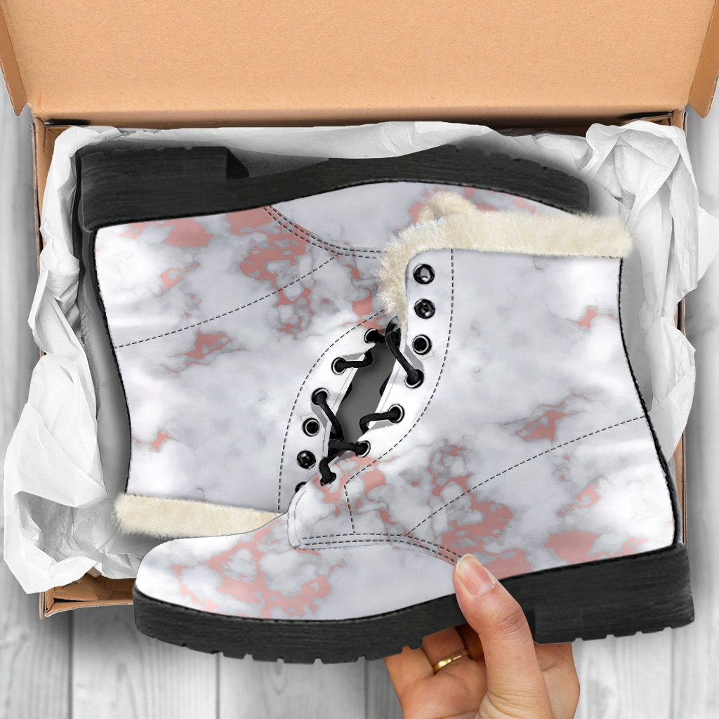 White Rose Gold Marble Print Faux Fur Leather Boots for the Modern Hippie - 5