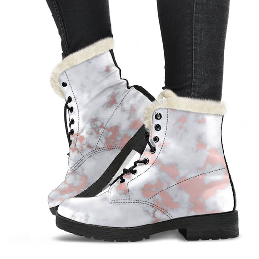 White Rose Gold Marble Print Faux Fur Leather Boots for the Modern Hippie - 1