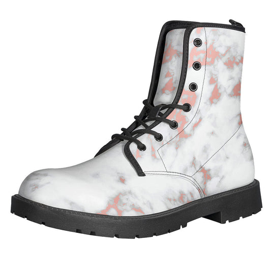 Groovy Vibes: White Rose Gold Marble Print Leather Lightweight Boots for Hippies - 1