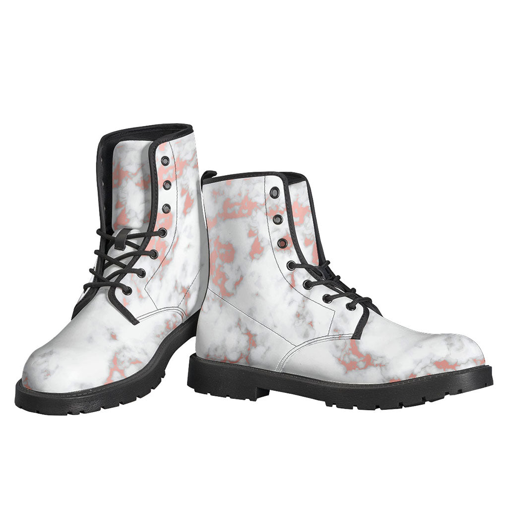 Groovy Vibes: White Rose Gold Marble Print Leather Lightweight Boots for Hippies - 3