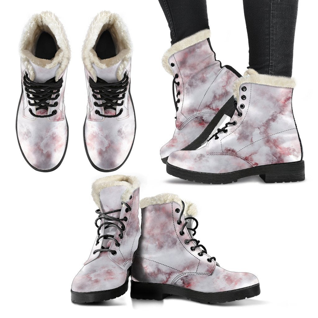 Groovy Vibes: White Ruby Marble Print Faux Fur Leather Boots for the Modern Hippie - 2