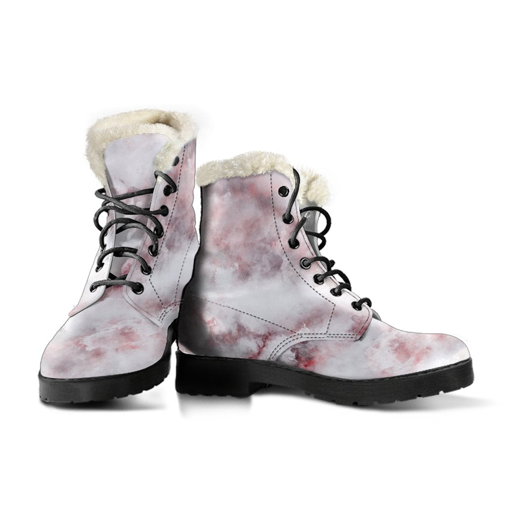 Groovy Vibes: White Ruby Marble Print Faux Fur Leather Boots for the Modern Hippie - 3