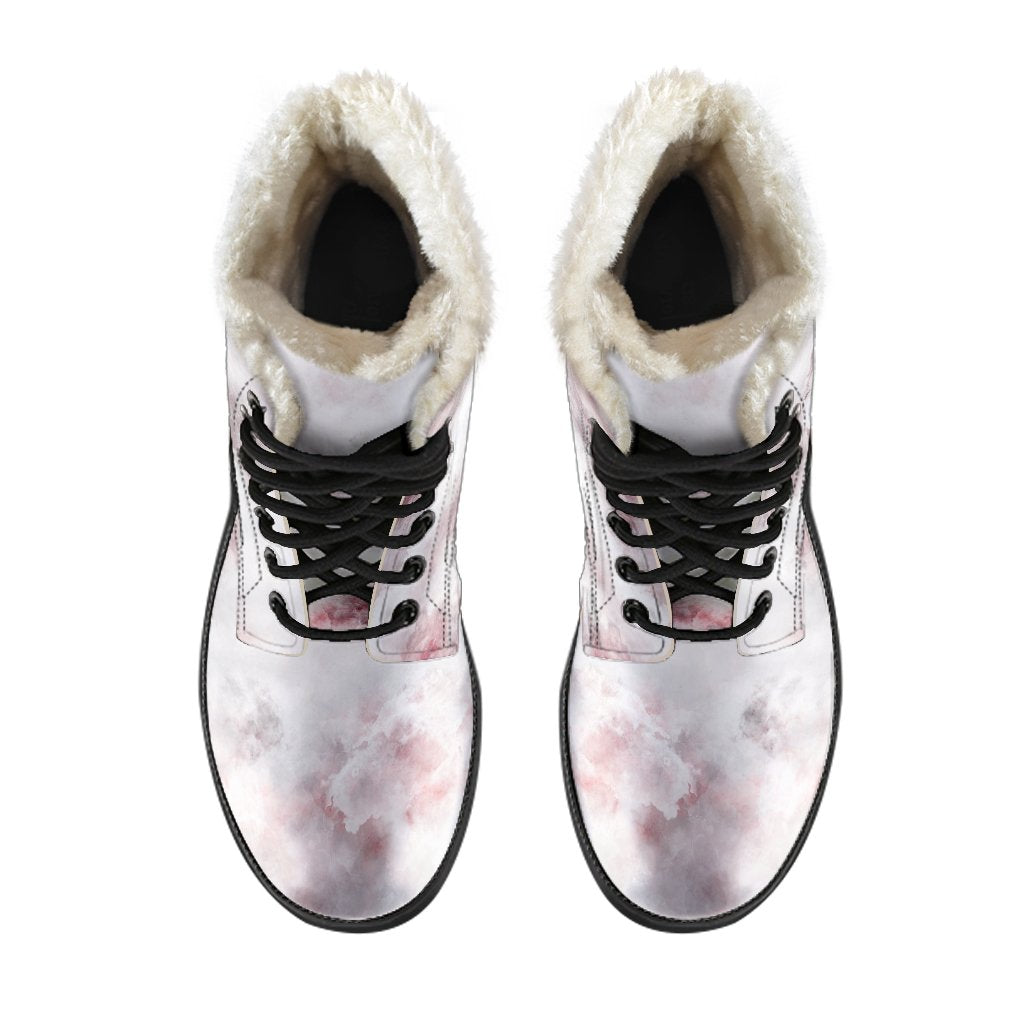 Groovy Vibes: White Ruby Marble Print Faux Fur Leather Boots for the Modern Hippie - 4