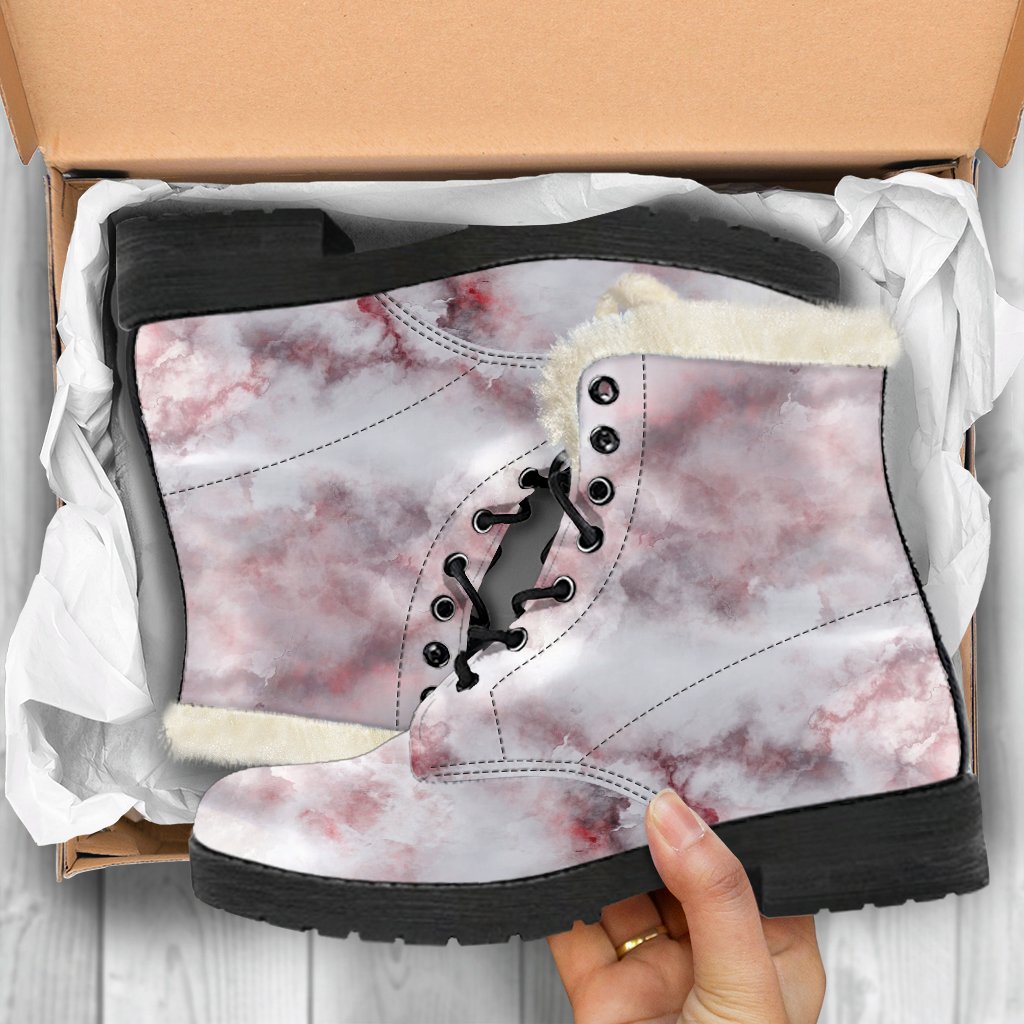 Groovy Vibes: White Ruby Marble Print Faux Fur Leather Boots for the Modern Hippie - 5