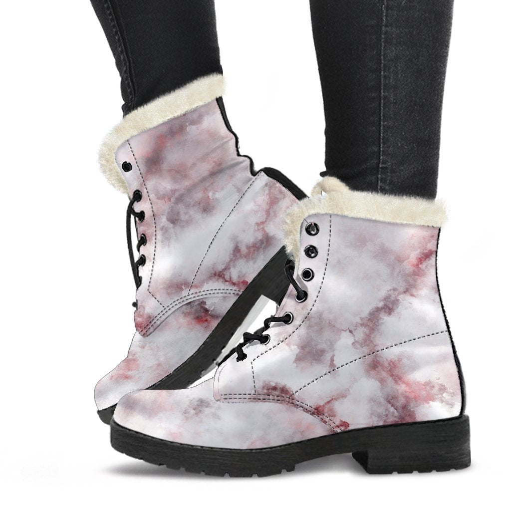 Groovy Vibes: White Ruby Marble Print Faux Fur Leather Boots for the Modern Hippie - 1