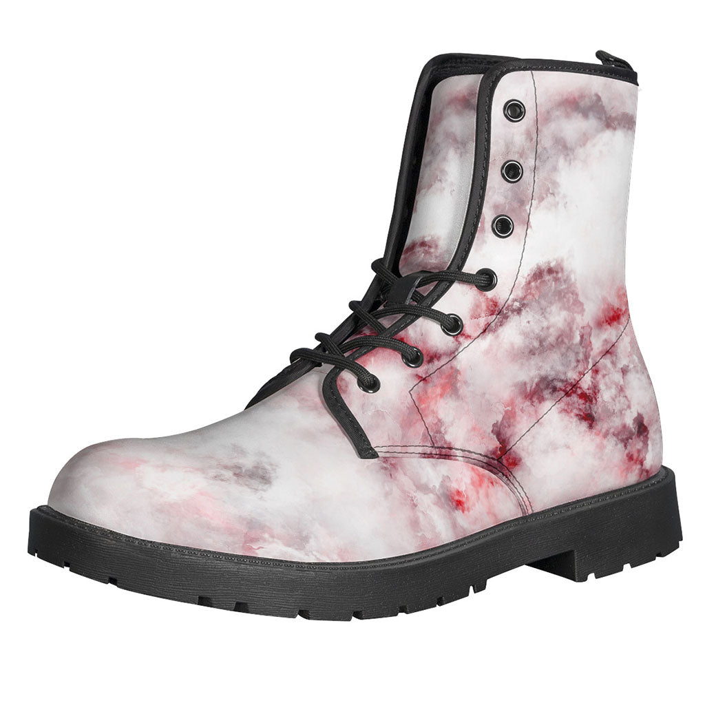 Groovy Vibes: White Ruby Marble Print Leather Lightweight Boots for Hippies - 1