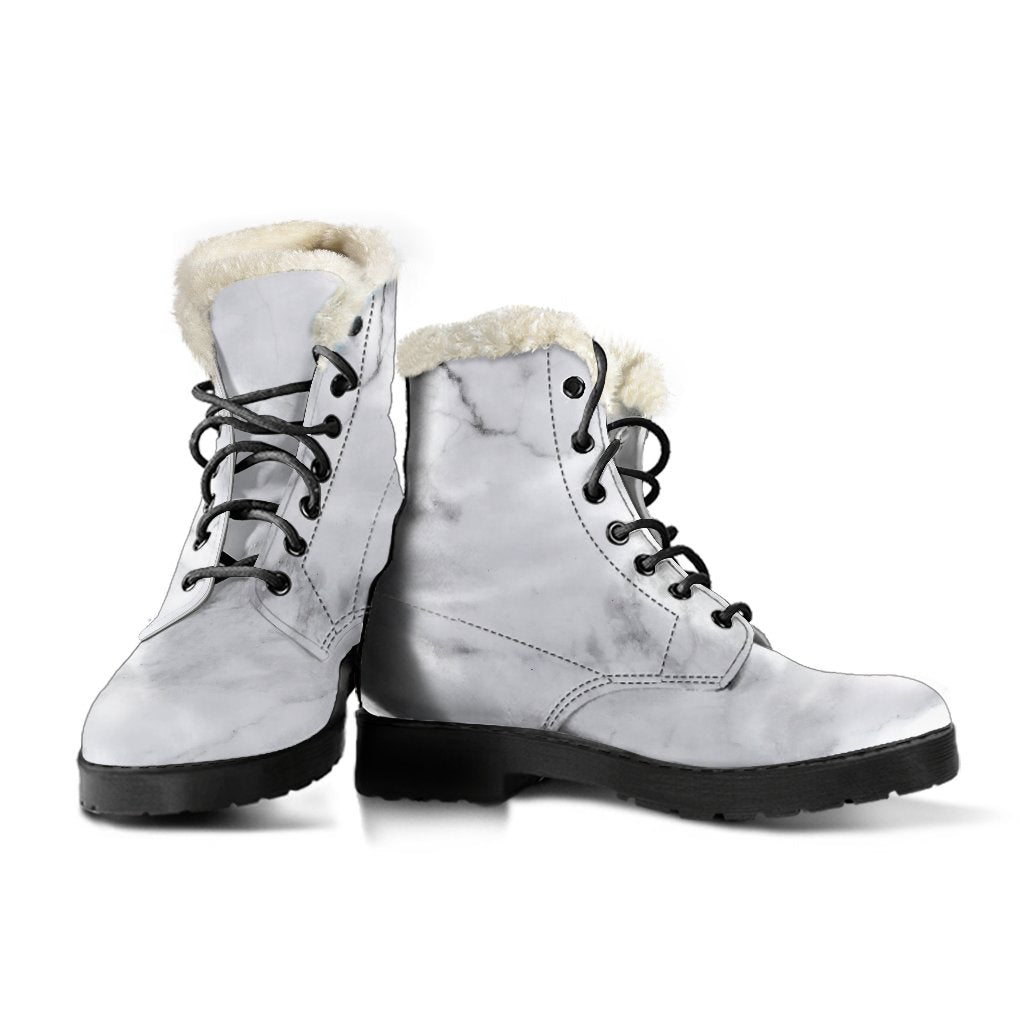 White Smoke Marble Print Faux Fur Leather Hippie Boots - 3