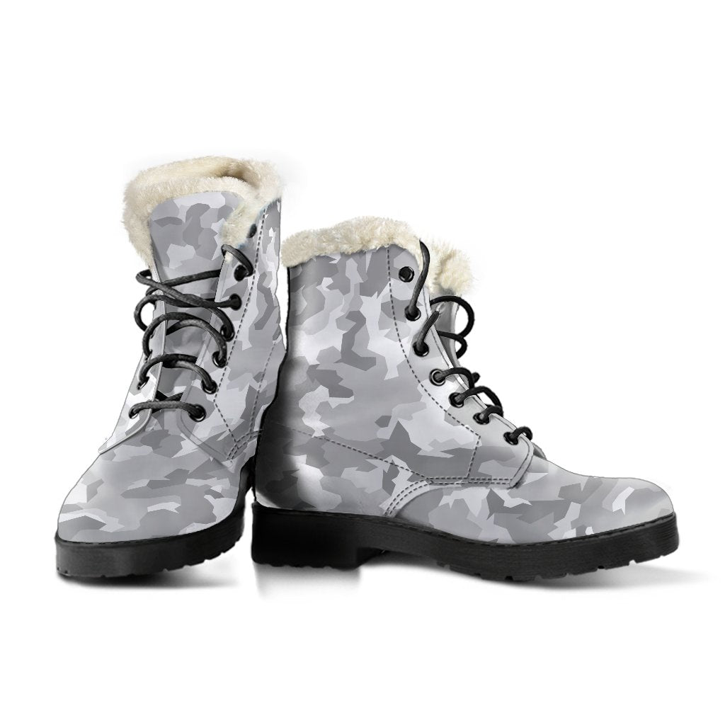 Groovy Vibes: White Snow Camouflage Print Faux Fur Leather Boots for the Modern Hippie - 3