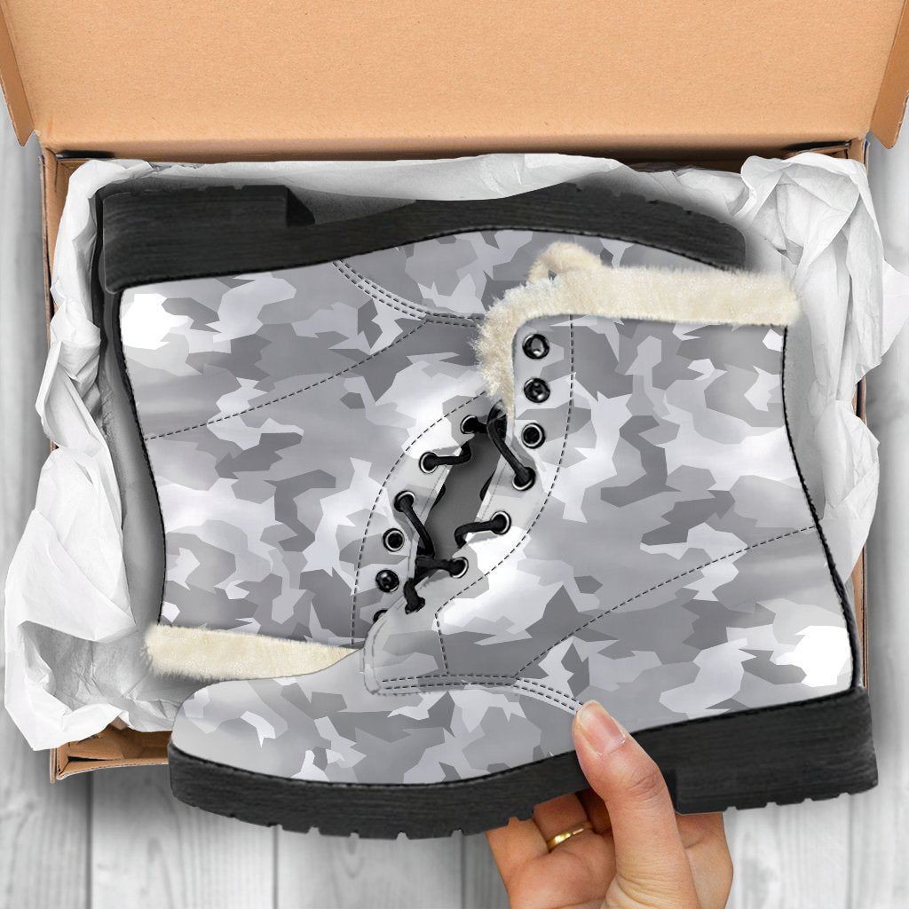 Groovy Vibes: White Snow Camouflage Print Faux Fur Leather Boots for the Modern Hippie - 5