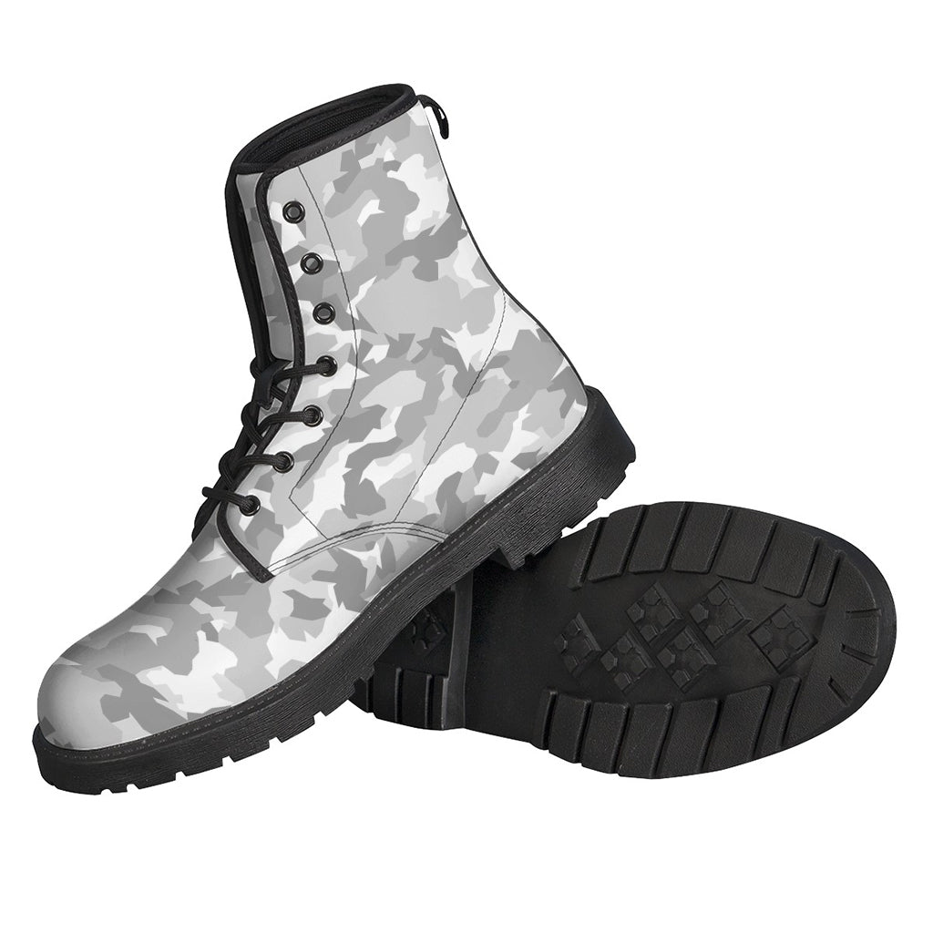 White Snow Camouflage Print Leather Boots for the Stylish Hippie Soul - 2