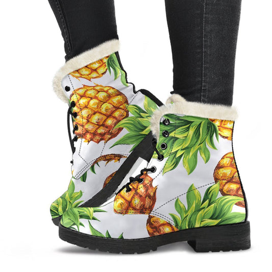 Sunny Vibes: White Summer Pineapple Faux Fur Leather Boots for Modern Hippies - 1