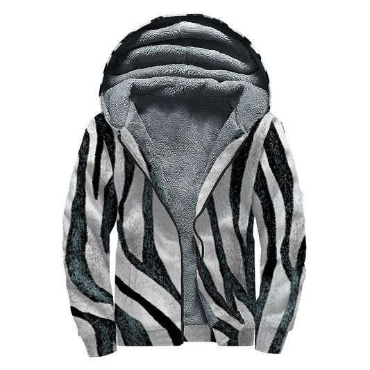 White Tiger Stripe Pattern Sherpa Lined Zip Up Hoodie for Groovy Hippies - 1