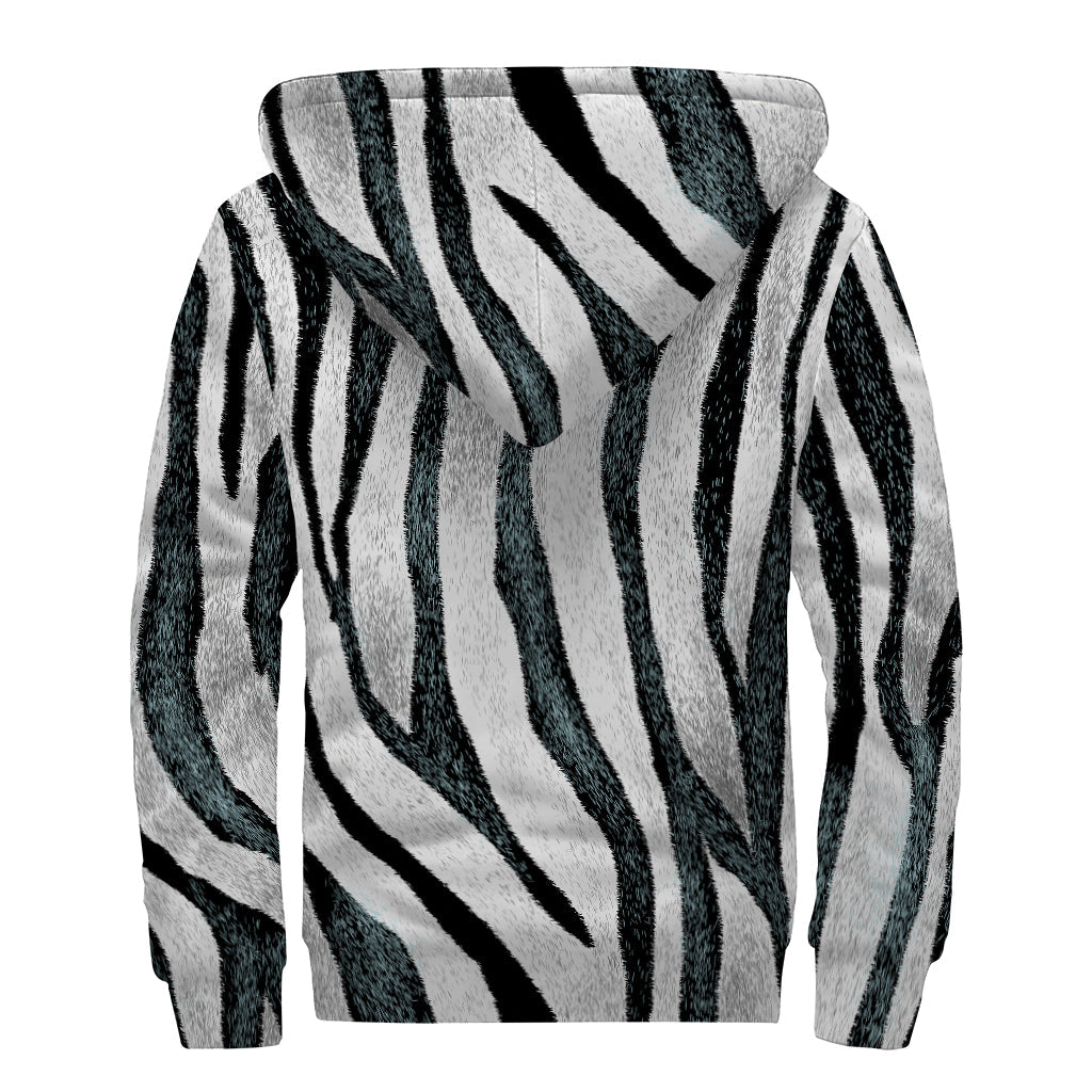 White Tiger Stripe Pattern Sherpa Lined Zip Up Hoodie for Groovy Hippies - 2