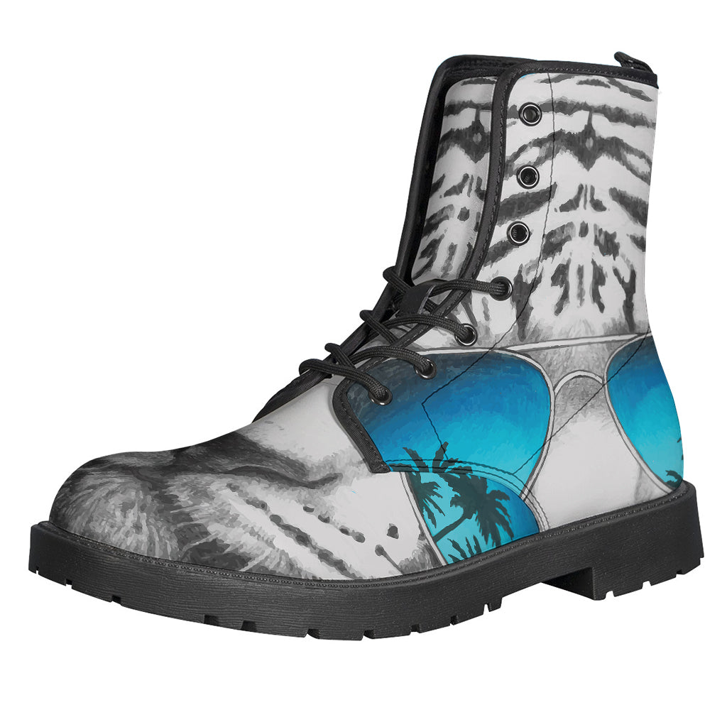 Spiritual Vibes: White Tiger with Sunglasses Leather Boots for Hippie Souls - 1