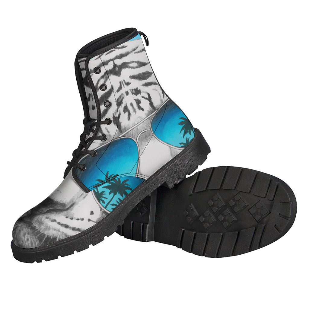 Spiritual Vibes: White Tiger with Sunglasses Leather Boots for Hippie Souls - 2