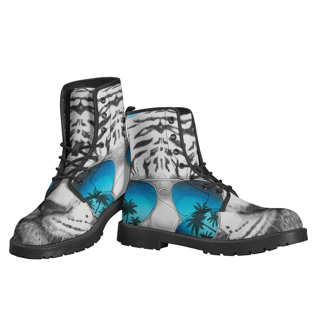 Spiritual Vibes: White Tiger with Sunglasses Leather Boots for Hippie Souls - 3