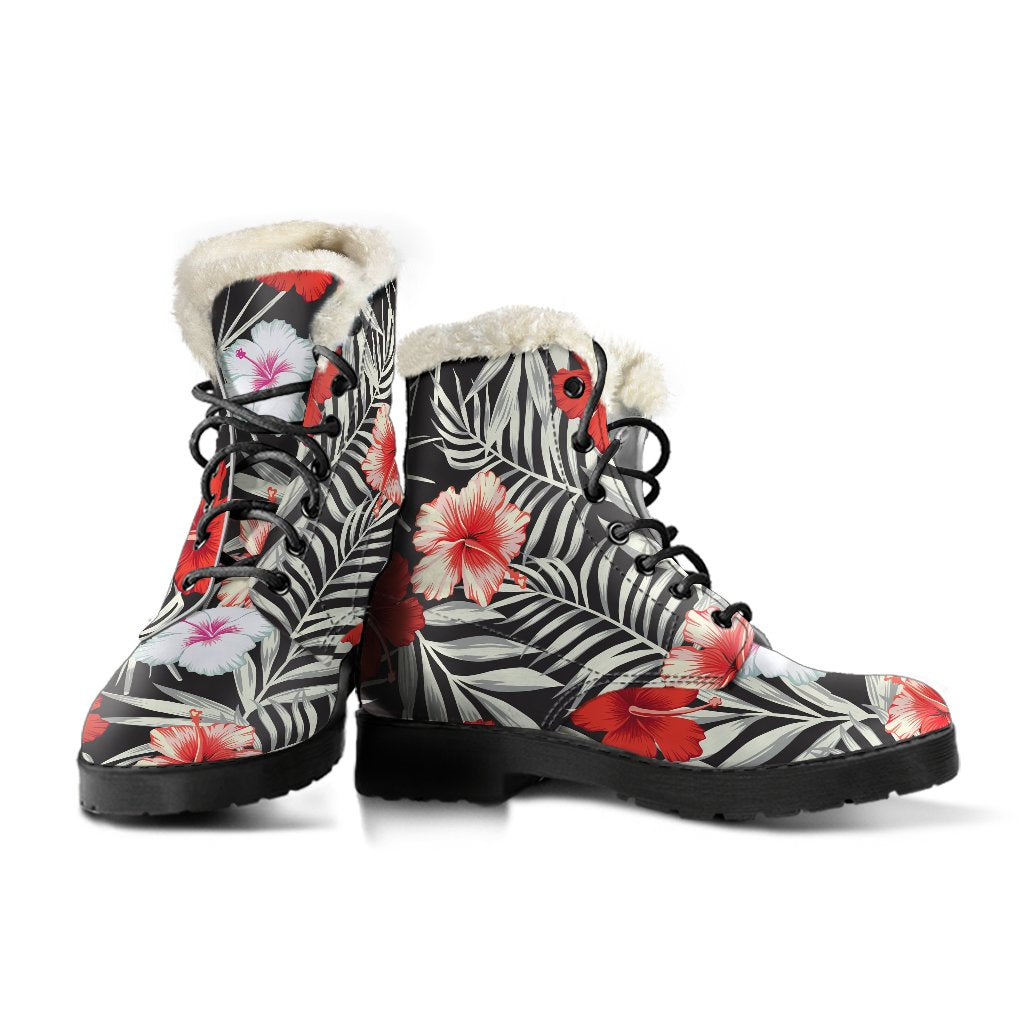 Boho Vibes: White Tropical Hibiscus Faux Fur Leather Boots for the Modern Hippie - 3