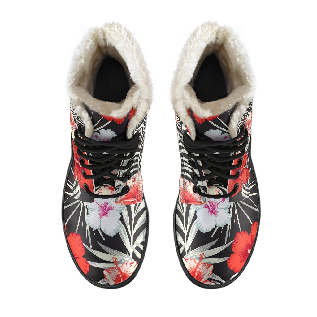 Boho Vibes: White Tropical Hibiscus Faux Fur Leather Boots for the Modern Hippie - 4