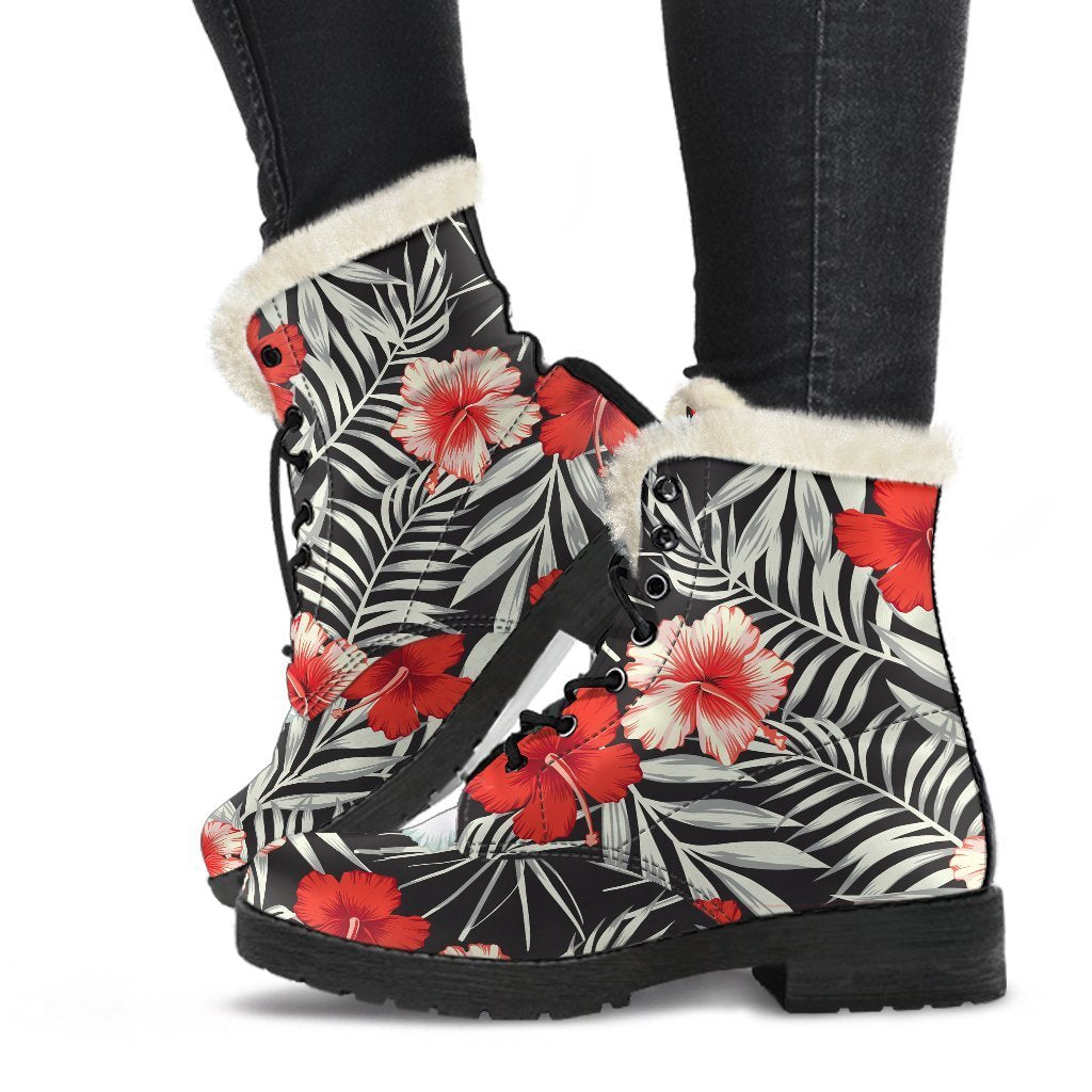 Boho Vibes: White Tropical Hibiscus Faux Fur Leather Boots for the Modern Hippie - 1