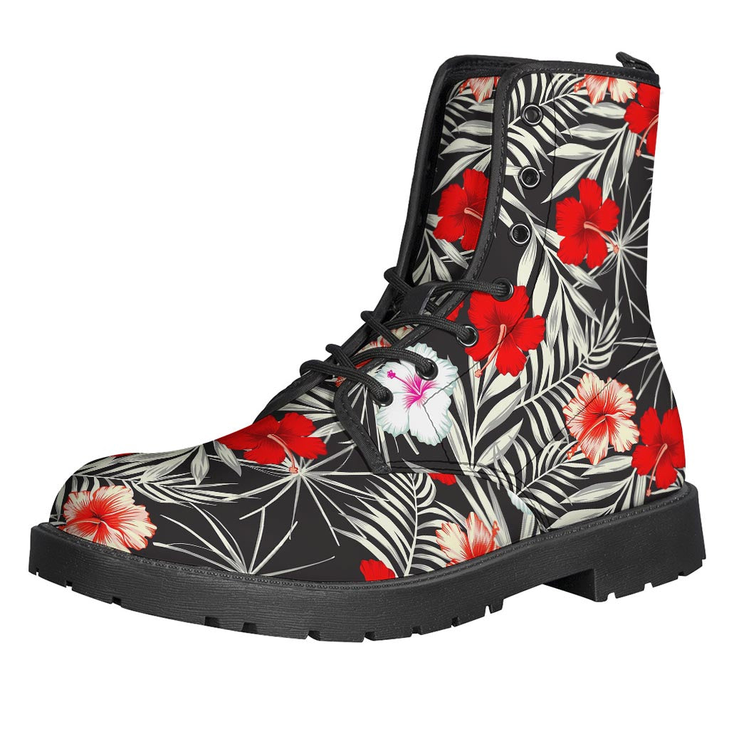 Walk in Bohemian Paradise with White Tropical Hibiscus Pattern Leather Boots - 1