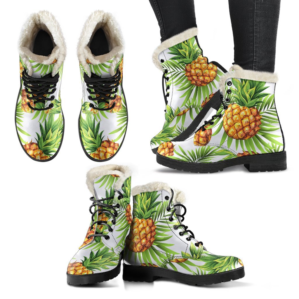 Groovy Pineapple Paradise: Faux Fur Leather Boots for Chic Hippies - 2