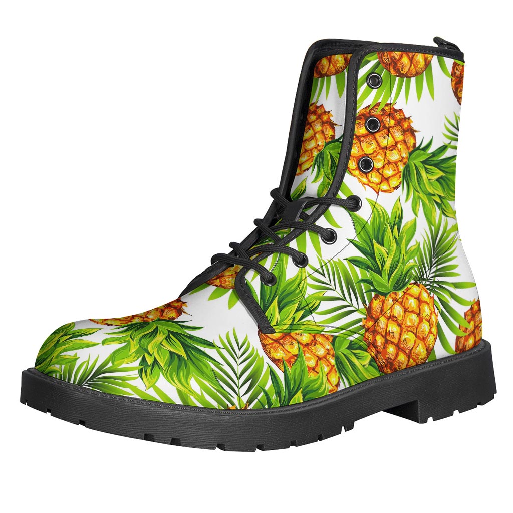 Groovy Vibes: White Tropical Pineapple Pattern Leather Boots for the Modern Hippie - 1