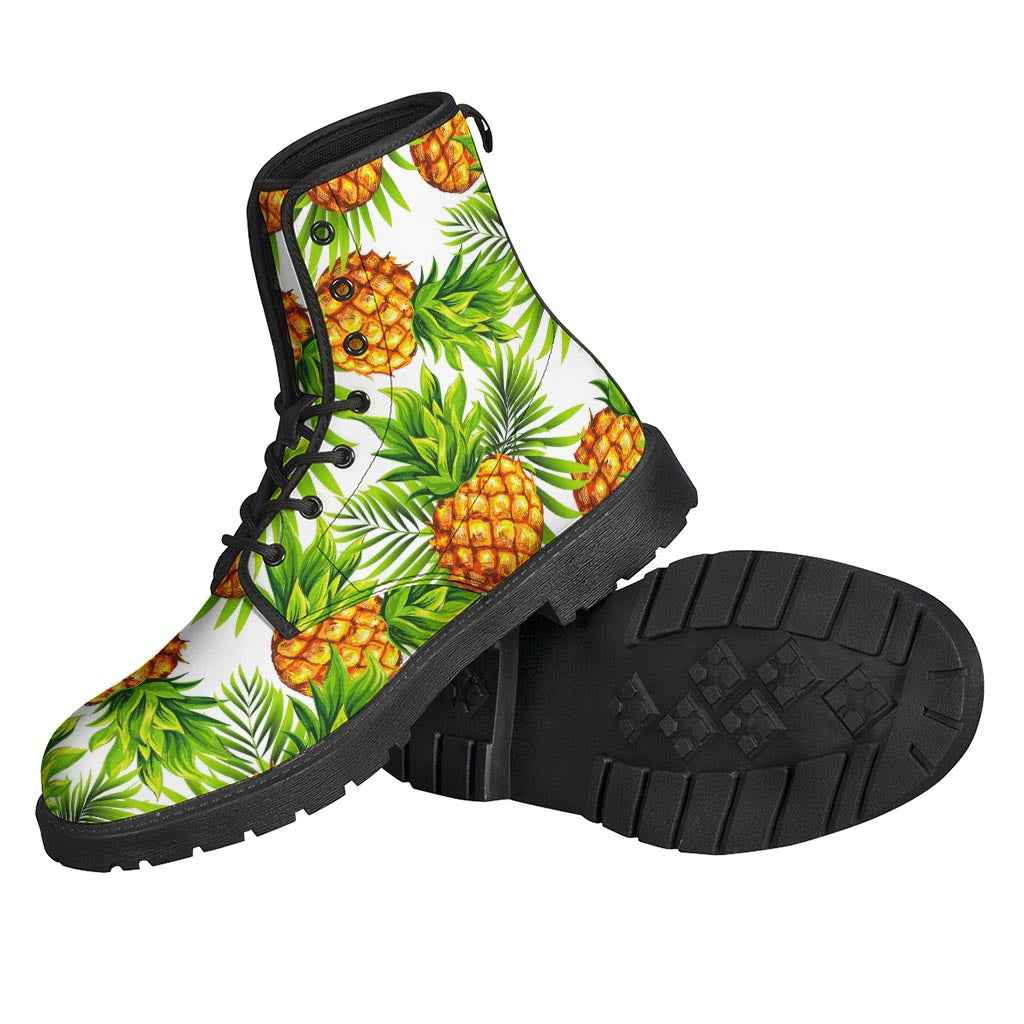 Groovy Vibes: White Tropical Pineapple Pattern Leather Boots for the Modern Hippie - 2