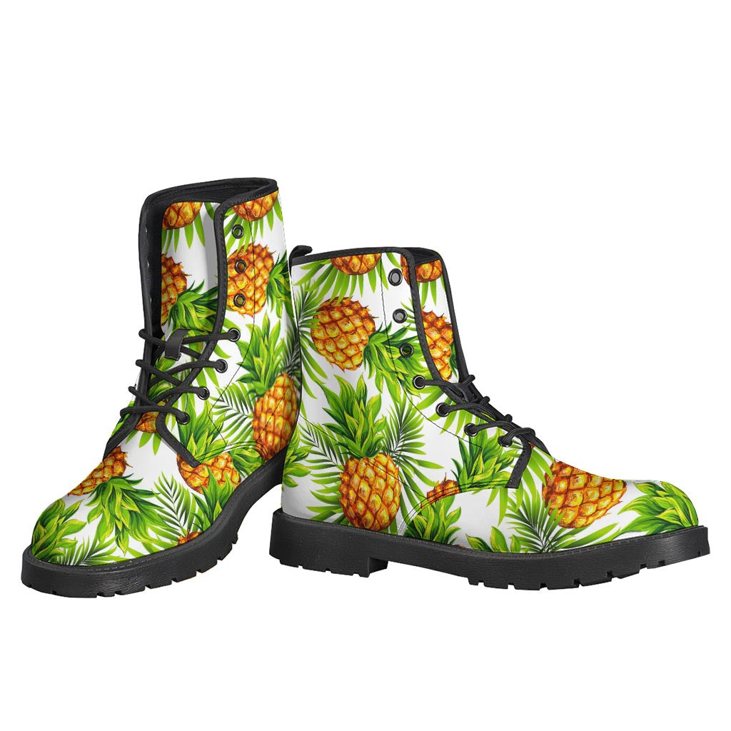 Groovy Vibes: White Tropical Pineapple Pattern Leather Boots for the Modern Hippie - 3