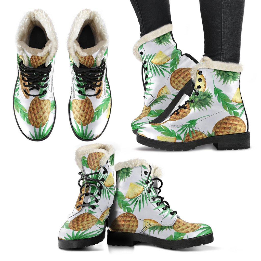 Boho Chic: White Watercolor Pineapple Faux Fur Leather Boots for Modern Hippies - 2