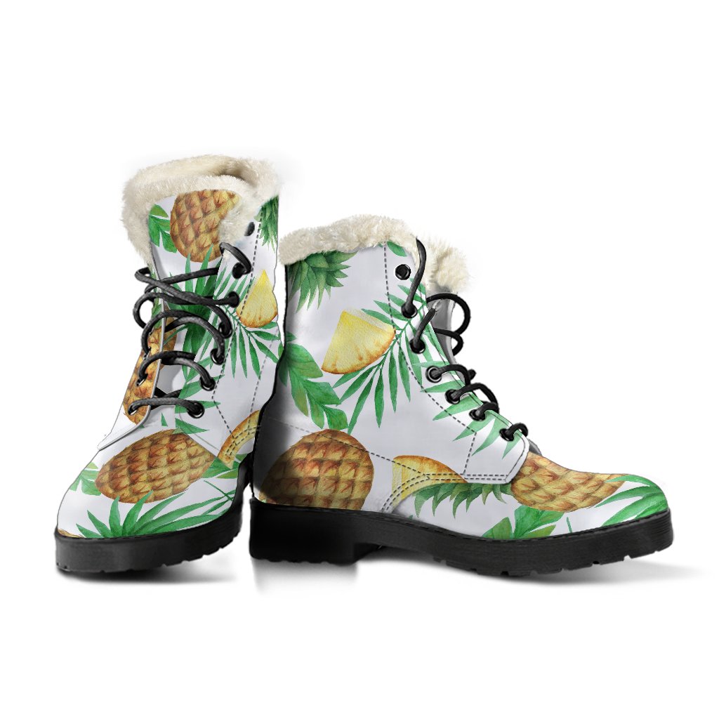 Boho Chic: White Watercolor Pineapple Faux Fur Leather Boots for Modern Hippies - 3