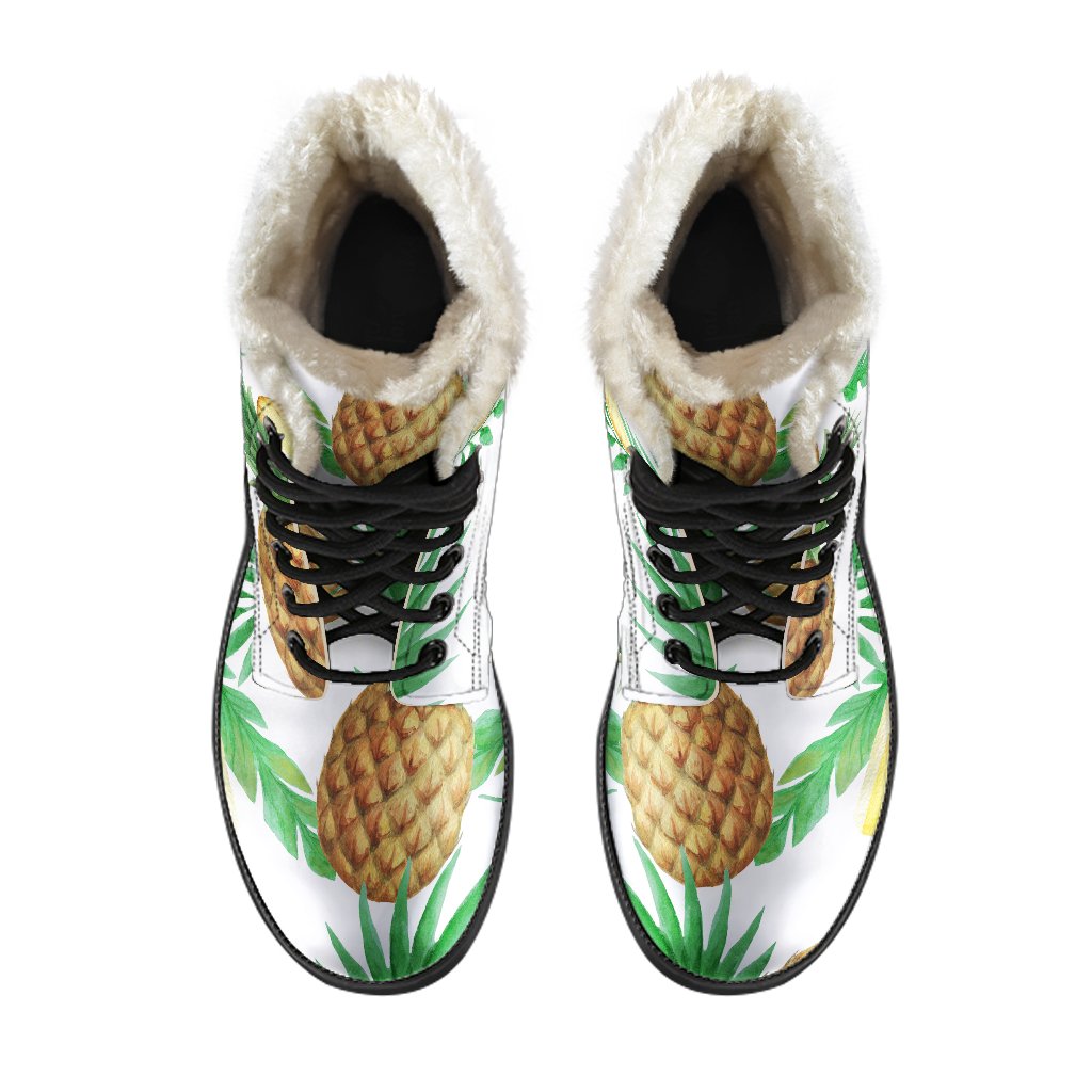 Boho Chic: White Watercolor Pineapple Faux Fur Leather Boots for Modern Hippies - 4