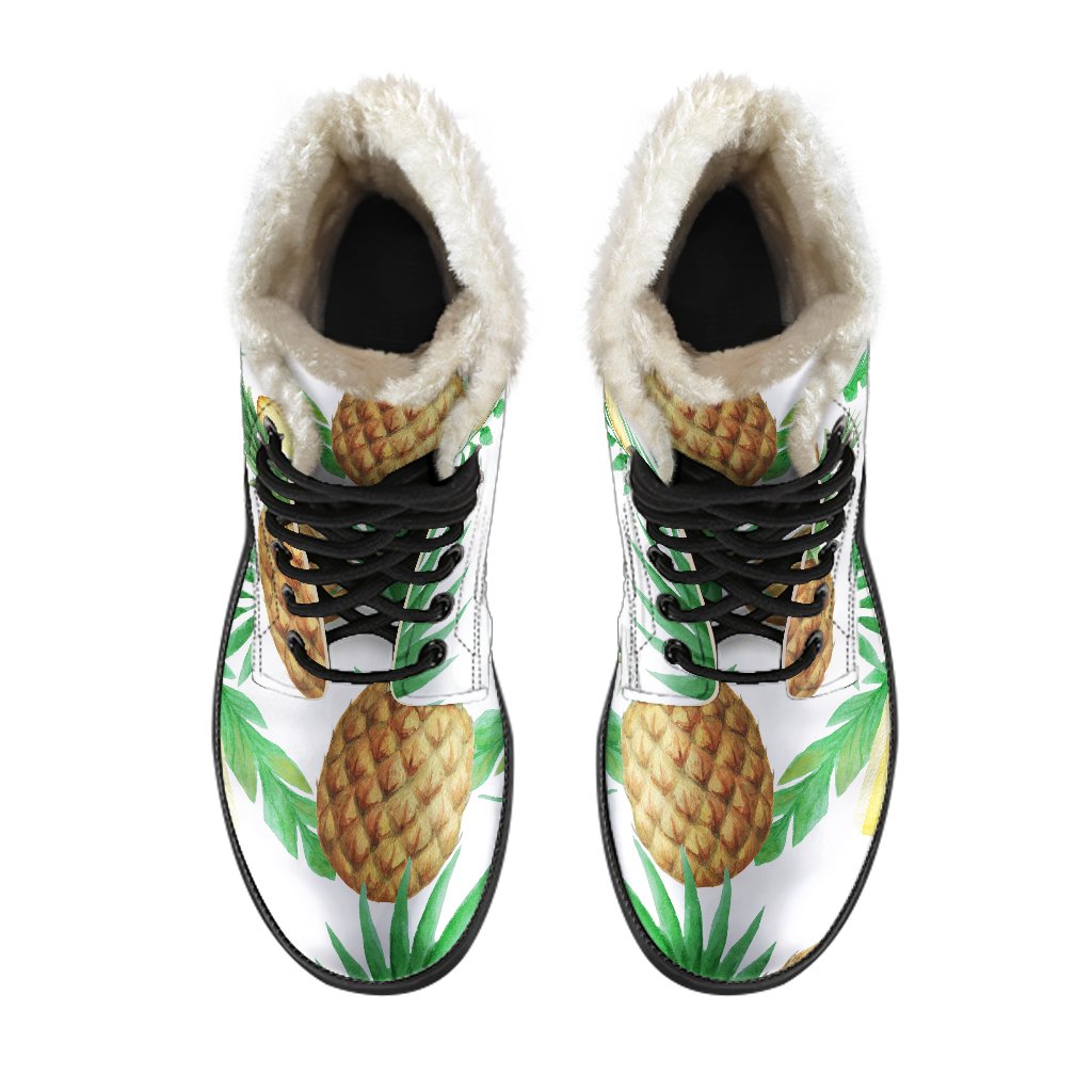 Boho Chic: White Watercolor Pineapple Faux Fur Leather Boots for Modern Hippies - 4