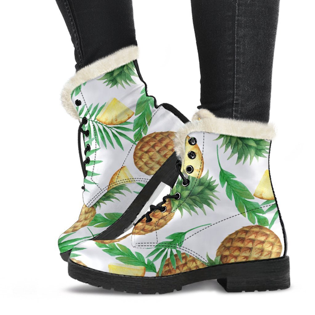 Boho Chic: White Watercolor Pineapple Faux Fur Leather Boots for Modern Hippies - 1