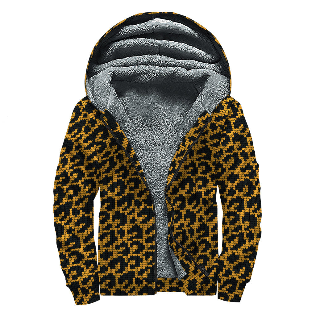 Wild Leopard Knitted Pattern Sherpa Lined Zip Up Hoodie for Modern Hippies - 1