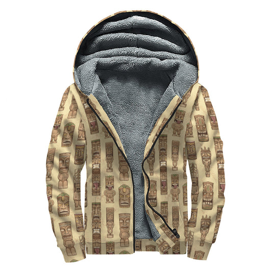 Wooden Tiki Pattern Sherpa Lined Zip Up Hoodie: Embrace the Hippie Style - 1