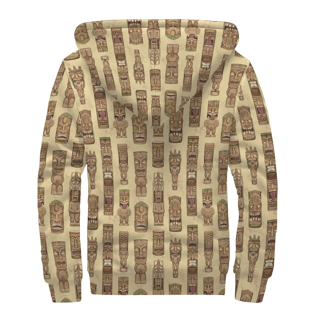 Wooden Tiki Pattern Sherpa Lined Zip Up Hoodie: Embrace the Hippie Style - 2