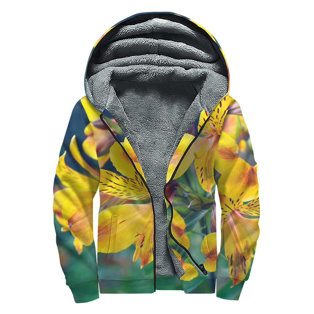 Yellow Alstroemeria Print Sherpa Lined Zip Up Hoodie: Cozy Chic for Modern Hippies - 1