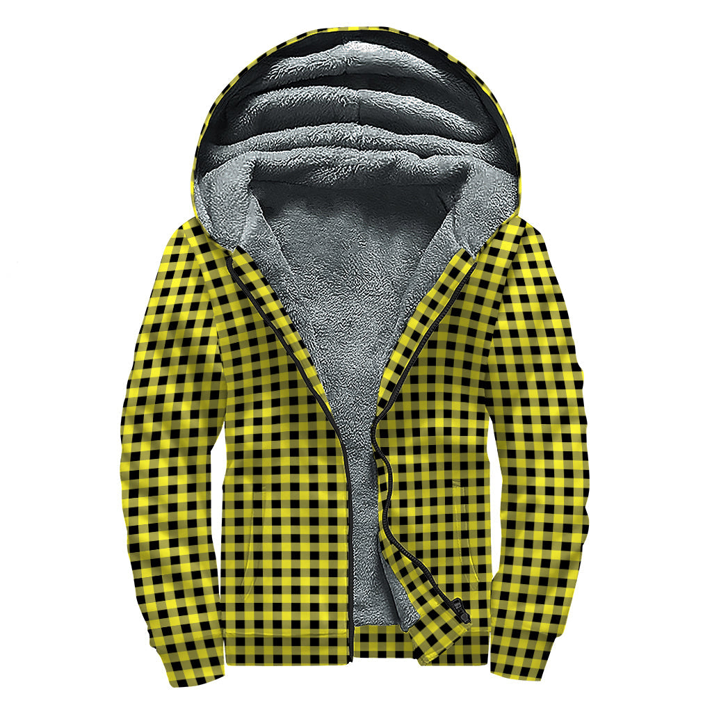 Groovy Vibes: Yellow and Black Check Pattern Sherpa Lined Zip Up Hoodie - 1