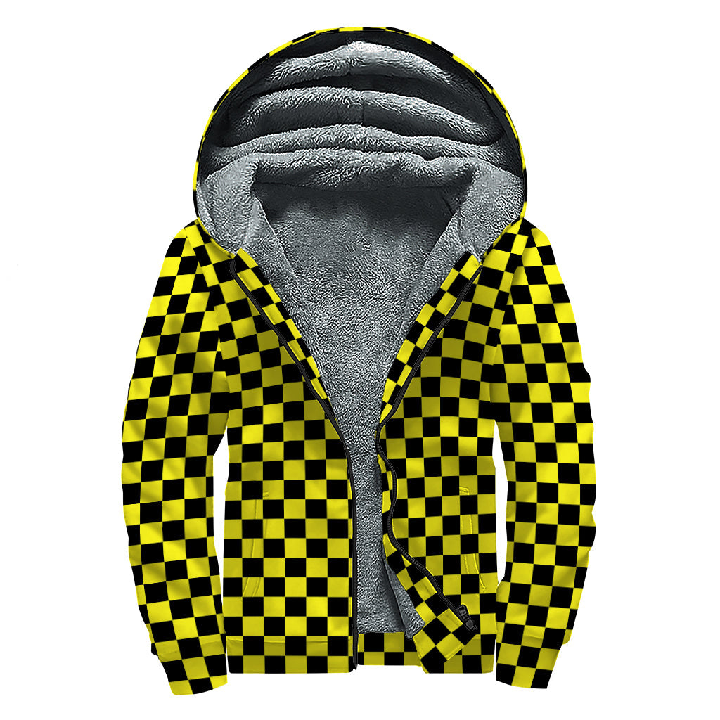 Groovy Yellow and Black Checkered Pattern Sherpa Lined Zip Up Hoodie for Hippie Vibes - 1