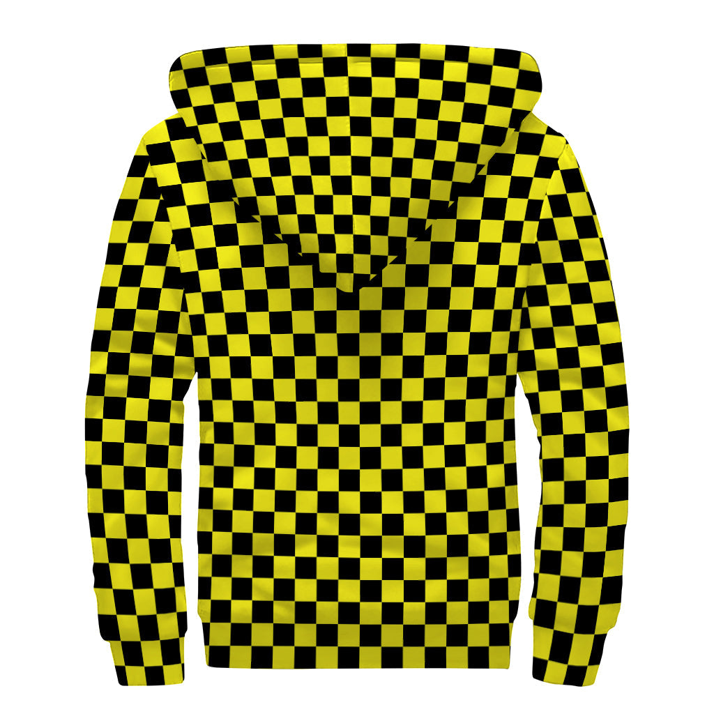 Groovy Yellow and Black Checkered Pattern Sherpa Lined Zip Up Hoodie for Hippie Vibes - 2