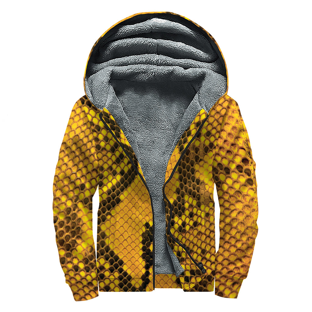 Yellow and Black Snakeskin Print Sherpa Lined Zip Up Hoodie for the Free-Spirited Hippie - 1